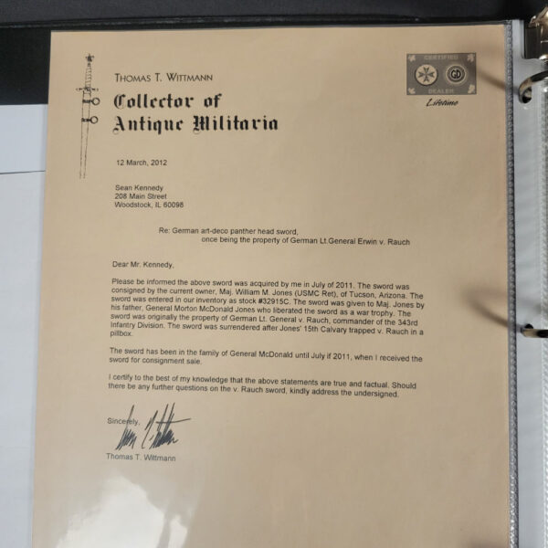 General Erwin Rauch Surrender Sword With Dossier (No Maker - Voos Pattern) with COA - Image 13