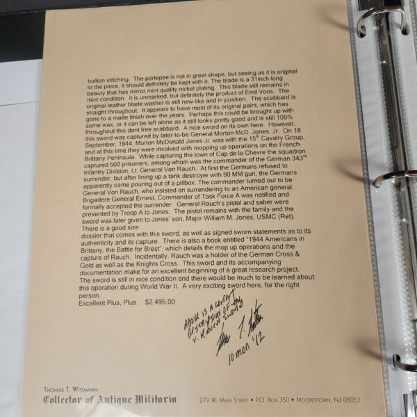 General Erwin Rauch Surrender Sword With Dossier (No Maker - Voos Pattern) with COA - Image 15